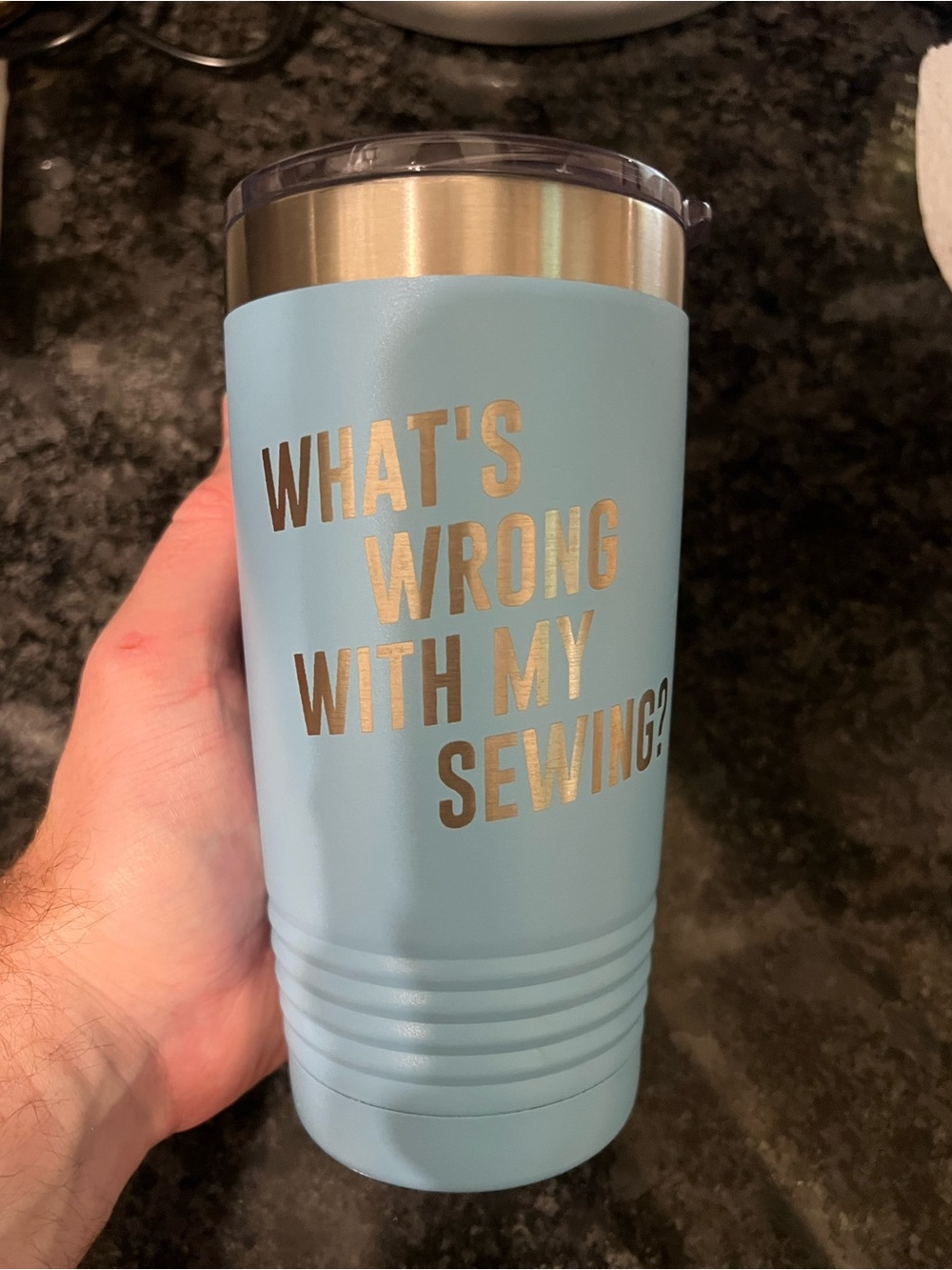 Light Blue Tumbler with Gold 'What's Wrong With My Sewing?' Text